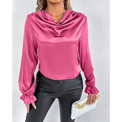  Per donna Camicia Camicia in raso Tinta unica Elegante Casual Manica Lunga Scollo a Cascata Top Regolari Quotidiano Uscire Drappeggiato Nero Rosa Verde Albicocca Primavera Autunno