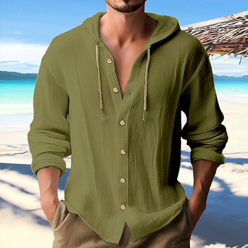  Men's Shirt Linen Shirt Calico Shirt Beach Wear Button Up Shirt Hooded Shirt Plain Vacation Casual Black White Blue Green Long Sleeve Hooded Spring & Summer Clothing Apparel Buttons
