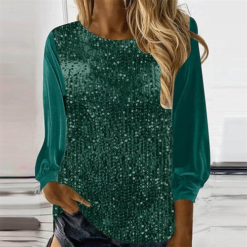  Femmes T-shirt Couleur Unie Mode Élégant Classique manche longue Col ras du cou Hauts Réguliers Quotidien Week-end Paillettes Patchwork Vert Printemps Automne