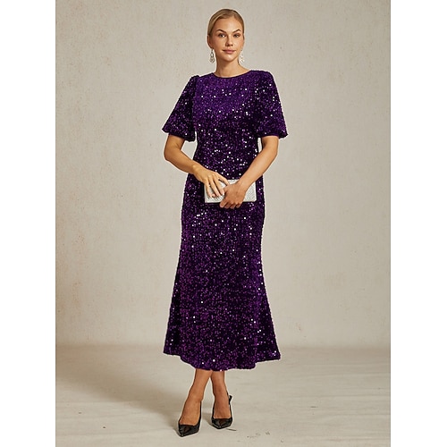  Women's Sequin Midi Dress Sheath Dress Elegant Wedding Party Short Sleeve Crew Neck Eggplant Spring Fall Winter
