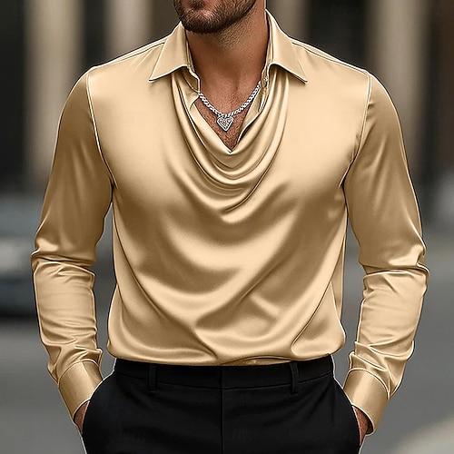  Per uomo Camicia Come la seta Camicia in raso Camicia casual Semplice Formale Matrimonio Argento Nero Oro Verde Manica Lunga Bavero Primavera & Autunno Tutte le stagioni Abbigliamento Arricciato
