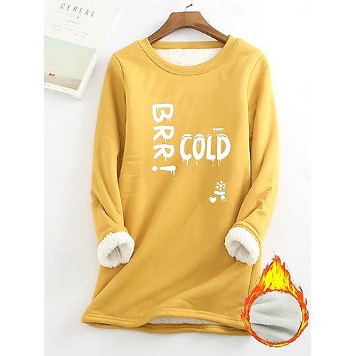  女性用 フリース裏地プルオーバースウェットシャツパジャマ プルオーバースウェットシャツ Pullover スウェットシャツ レタード あたたか ストリートファッション カジュアル 長袖 クルーネック ロングトップス 家 日常着 カジュアル プリント ブラック イエロー ピンク ダークピンク ブルー 秋 冬
