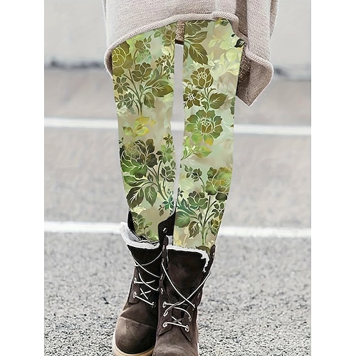  Damskie Getry Zabytkowe Moda Moda miejska Pełna długość Wysoka talia Kwiaty Graficzny Drukowanie Keep Warm Miękka Oddychający Elastyczny Urlop Ulica Czarny Żółty Pomarańczowy Zielony Wiosna Jesie