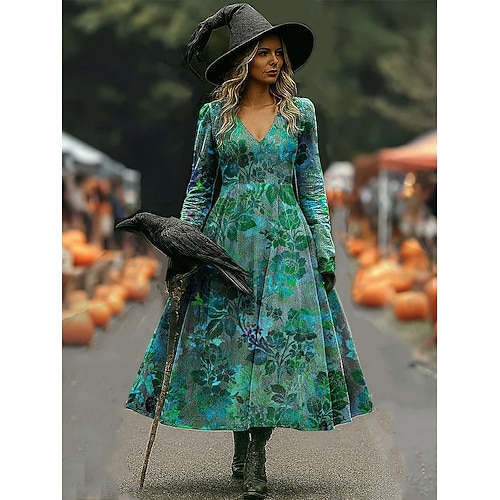  Halloween Per donna Abito maxi Abito a trapezio Vacanza Casual Boho Spiaggia Vestibilità regolare Floreale Grafico Manica Lunga Scollo a V Rosso Blu Viola Arancione Primavera Autunno