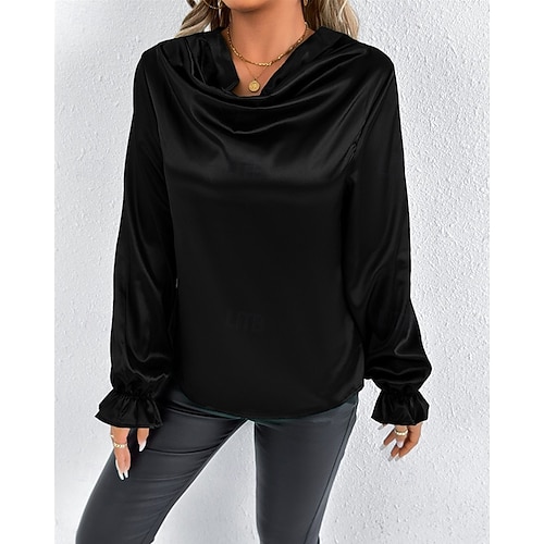  Per donna Camicia Camicia in raso Tinta unica Elegante Casual Manica Lunga Scollo a Cascata Top Regolari Quotidiano Uscire Drappeggiato Nero Rosa Verde Albicocca Primavera Autunno