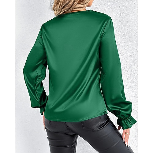  Per donna Camicia Camicia in raso Tinta unica Elegante Casual Manica Lunga Scollo a Cascata Top Regolari Quotidiano Uscire Drappeggiato Nero Rosa Verde Albicocca Primavera Autunno
