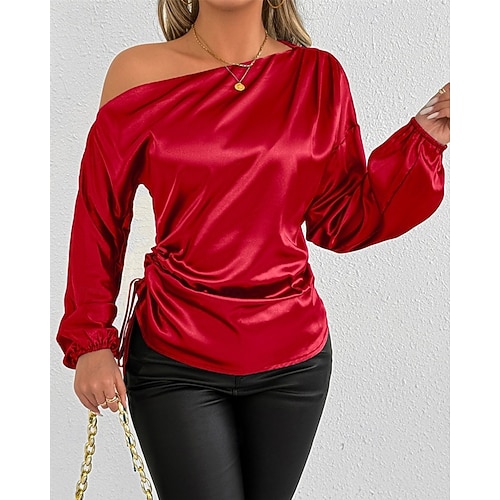  Dames Overhemd Satijnen overhemd Effen Kleur Effen Stijlvol Casual Lange mouw koude schouder Normale tops Dagelijks Uitgaan Asymmetrisch Rood Zomer Lente Herfst
