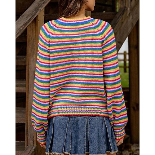  Femmes Pull Pull Fair Isle Mode Occasionnel Rayé Côtelé Col ras du cou Tricoté manche longue Hauts Réguliers Tricoter Extérieur Quotidien Week-end Bleu Automne Hiver
