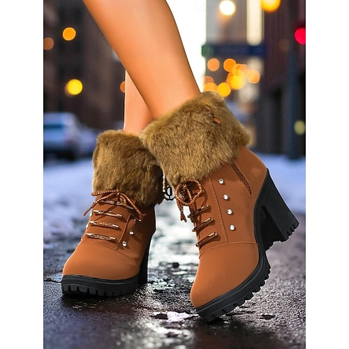  Botas femininas pretas de pele sintética com cadarço e salto grosso – botas de neve quentes para mercados de Natal, streetwear casual e moderno