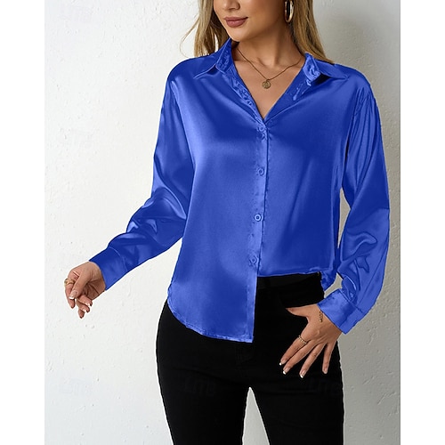  Per donna Camicia Camicia in raso Tinta unica Elegante Casual Manica Lunga Colletto a Camicia Top Regolari Quotidiano Uscire Bottoni Vino Blu Reale Viola Arancione Verde Primavera Autunno