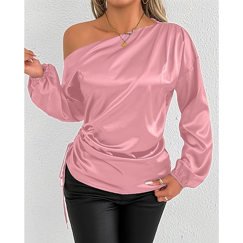 Dames Overhemd Satijnen overhemd Effen Kleur Stijlvol Casual Lange mouw Schouderafhangend koude schouder Normale tops Dagelijks Uitgaan Asymmetrisch Blozend Roze Abrikoos Lente Herfst