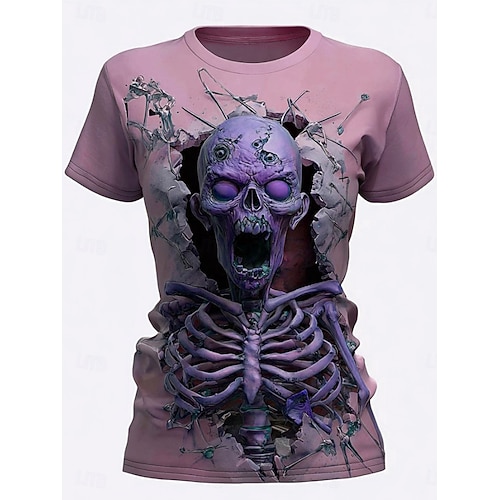  ハロウィン レディース Tシャツ スカル グラフィック スケルトン ヴィンテージ スタイリッシュ カジュアル 半袖 クルーネック レギュラー トップス デイリー 外出用 週末 プリント ピンク 青 紫 緑 夏
