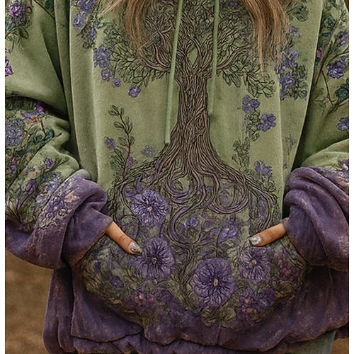  Women's Viking Pullover Hoodie Sweatshirt Floral Graphic Vintage Casual Boho Long Sleeve Hooded Regular Tops Street  Print Front Pocket Green Spring Fall Winter