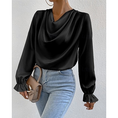  Per donna Camicia Camicia in raso Semplice Elegante Casual Manica Lunga Scollo a Cascata Top Regolari Quotidiano Uscire Drappeggiato Nero Rosa Verde Albicocca Primavera Autunno
