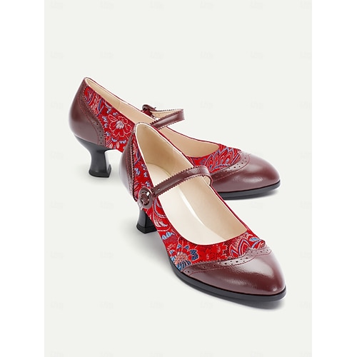  Escarpins Mary Jane en jacquard rouge vintage des années 1950 pour femmes - Chaussures habillées rétro à talon moyen avec motif de brocart floral et bride boutonnée pour les soirées Gatsby, les