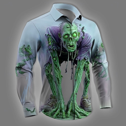  Halloween Men's Optical Illusion Zombies Horror Shirt Button Up Shirt Long Sleeve Dark Gothic Style Holiday Streetwear Spring Fall Turndown 3D Print Collared Shirts Pink Blue Purple Green