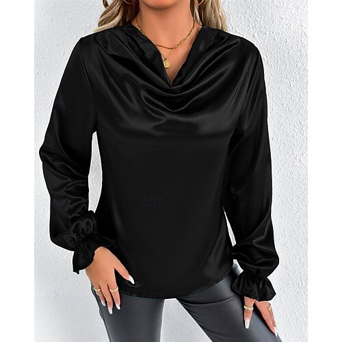  Per donna Camicia Camicia in raso Tinta unica Elegante Casual Manica Lunga Scollo a Cascata Top Regolari Quotidiano Uscire Drappeggiato Nero Rosa Verde Albicocca Primavera Autunno