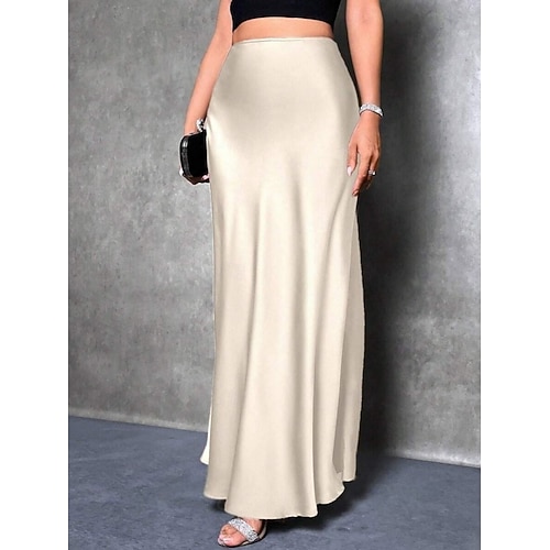  Femmes Jupe Moulant Élégant Mode Maxi Taille haute Jupes Uni Micro-Élastique Soirée Rue Noir Fuchsia Vert Kaki Printemps Satin Polyester