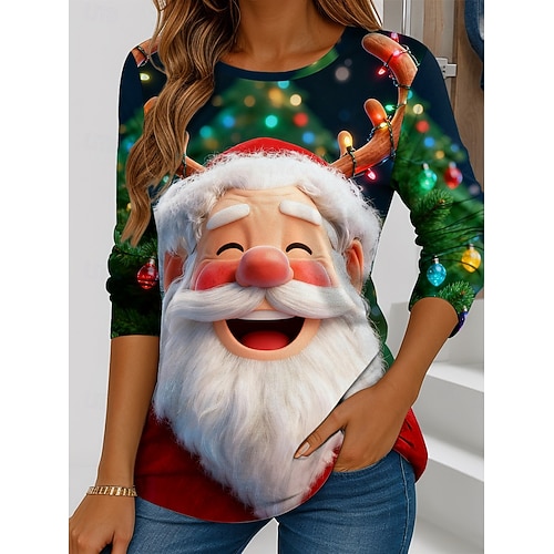  Noël Femme T-shirt Claus Décontracté Manches Longues Col Rond Regular Tops Weekend Impression Noir Blanc Rouge Bleu Orange Hiver