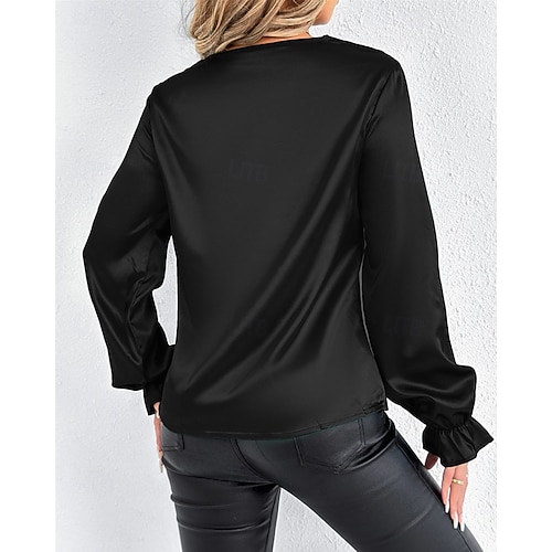  Per donna Camicia Camicia in raso Tinta unica Elegante Casual Manica Lunga Scollo a Cascata Top Regolari Quotidiano Uscire Drappeggiato Nero Rosa Verde Albicocca Primavera Autunno