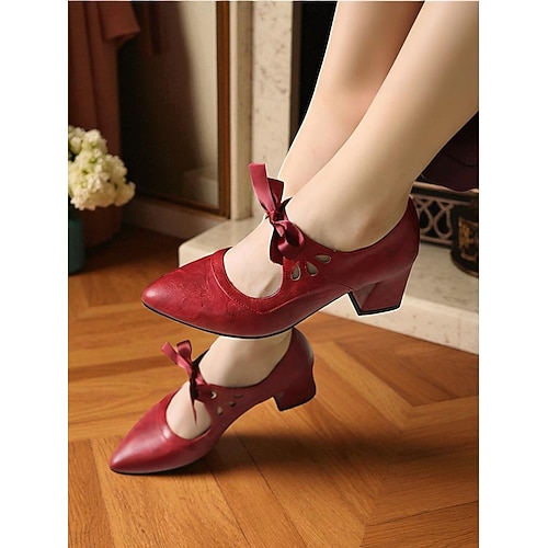  Zwarte Mary Jane-hakken met strik in jaren 50-stijl voor dames – retro pumps met dikke hak en uitsparingen voor dagelijks vintage gebruik en swingdansen