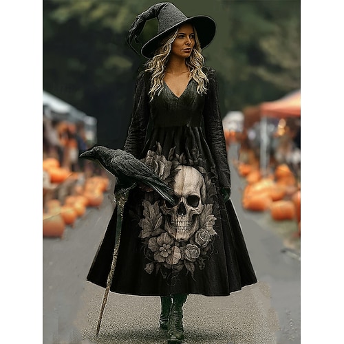  Halloween Women's Maxi Dress A Line Dress Vacation Casual Boho Beach Regular Fit Graphic Skull Bull Long Sleeve V Neck Black Wine Dark Grey Spring Fall