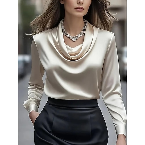  Mulheres Elegant Elegante Cetim Blusa Tecido Elegante à moda Trabalho Manga Longa Gola Boba Tops regulares Preto Branco Damasco Outono