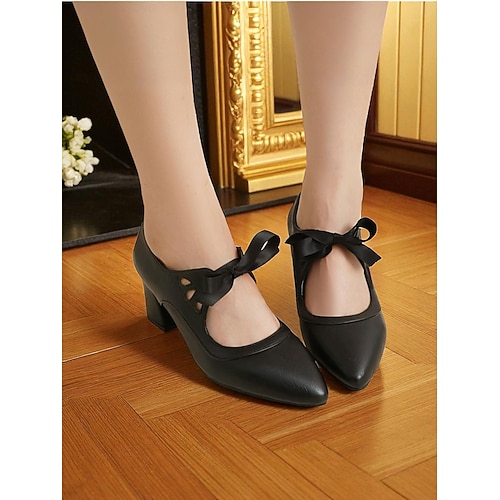  Zwarte Mary Jane-hakken met strik in jaren 50-stijl voor dames – retro pumps met dikke hak en uitsparingen voor dagelijks vintage gebruik en swingdansen