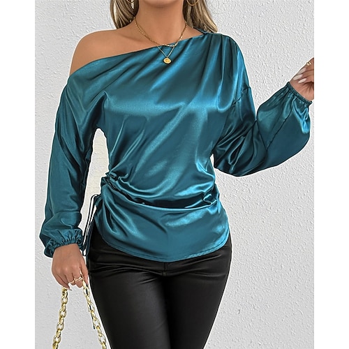  Dames Overhemd Satijnen overhemd Effen Kleur Elegant Stijlvol Basic Lange mouw Schouderafhangend koude schouder Normale tops Dagelijks Uitgaan Asymmetrisch blauw Lente Herfst
