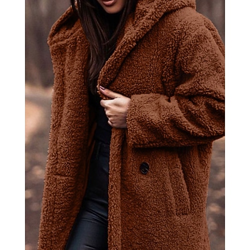  Dames Winterjas Fleecejack Houd Warm Comfortabel Zak Knop Modieus Casual Effen Vakantie Straat Casual Alledaagse kleding Enkele rij knopen Lang Capuchon Normale pasvorm Lange mouw bovenkleding Bruin