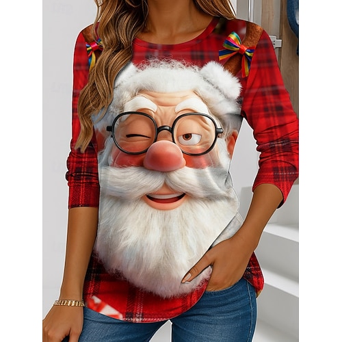  Noël Femme T-shirt Claus Décontracté Manches Longues Col Rond Regular Tops Weekend Impression Noir Blanc Rouge Bleu Orange Hiver