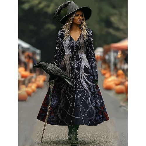  Halloween Dámské Maxi šaty Áčkové šaty prázdniny Na běžné nošení Cikánský Plážové Běžný Květinový Grafika Dlouhý rukáv Do V Černá Tmavě červená Fialová Rubínově červená Jaro Podzim