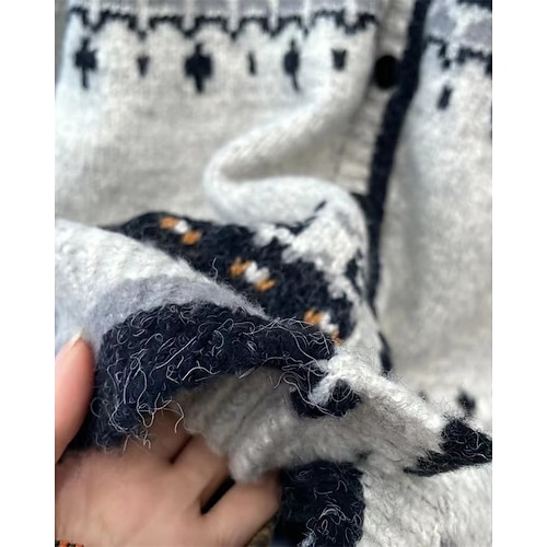  Dame Genser Kofte Fair Isle genser Årgang Mote Fritid Geometrisk Riflet Med hette Knapper Strikket Trykt mønster Langermet Vanlige topper Strikke Jul utendørs Daglig Grå Høst Vinter