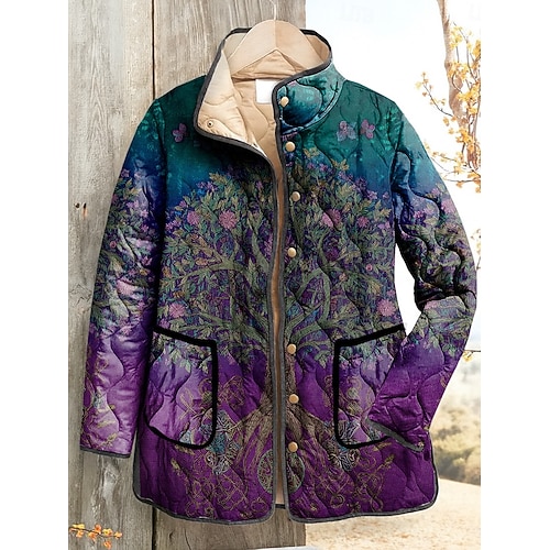  Women's Winter Jacket Quilted Jacket Warm Lightweight Print Elegant Vintage Boho Vintage Vacation Home Casual Regular Stand Collar Regular Fit Long Sleeve Outerwear Yellow Light Purple Purple Fall