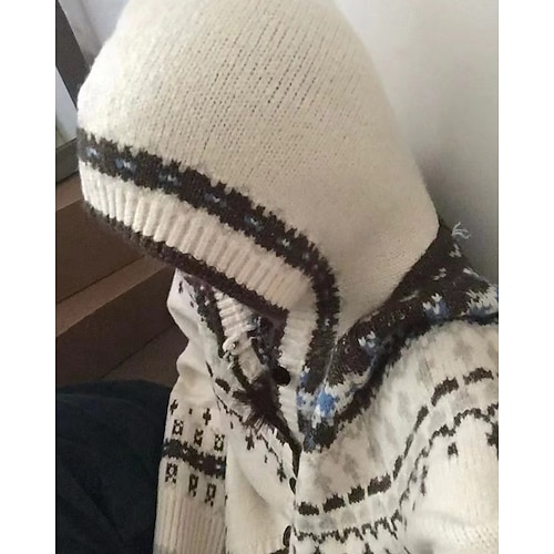  Dame Genser Kofte Fair Isle genser Mote Fritid Geometrisk Riflet Med hette Knapper Strikket Trykt mønster Langermet Vanlige topper Strikke Jul utendørs Daglig Beige Høst Vinter