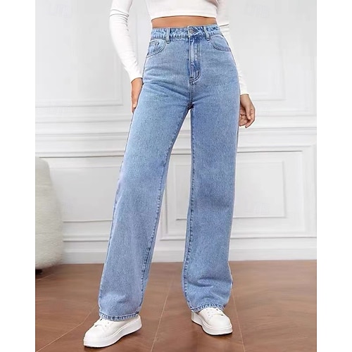 Women's Jeans Chinos Straight Vacation Vintage Streetwear Full Length Medium Waist Plain Pocket Elastic Waist Comfortable Inelastic Micro-elastic Outdoor Street Daily Black Grey Navy Black White Fall