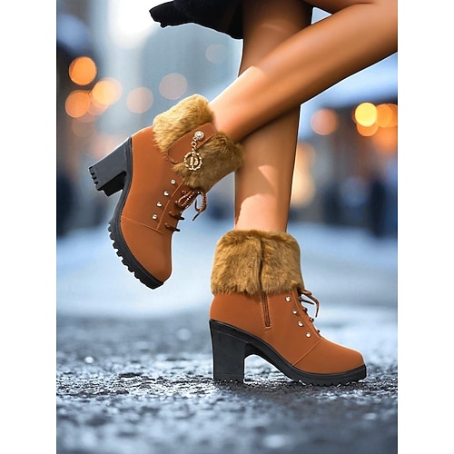 Botas femininas pretas de pele sintética com cadarço e salto grosso – botas de neve quentes para mercados de Natal, streetwear casual e moderno
