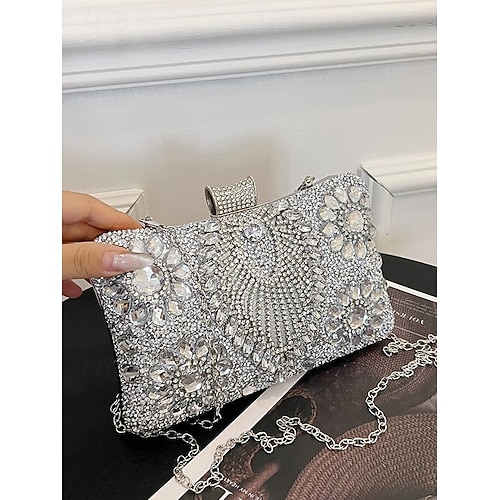 pochette da sera da donna con strass argentati, borsa scintillante con tracolla a catena staccabile per eventi formali glamour