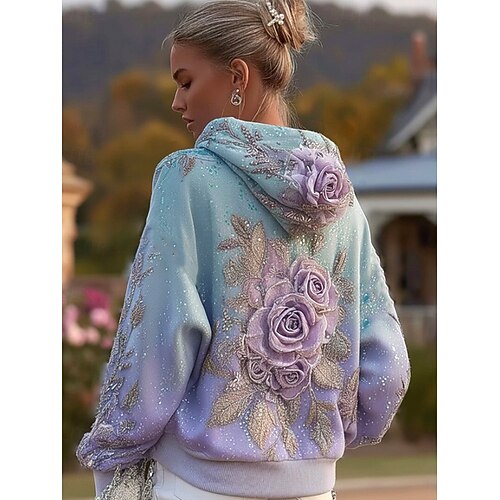  Kobieta 3D Print Vintage Boho Hoodie Patchwork Hoodie Sweatshirt Kwiatowy Pulower Sweatshirt Oversized Ciepły Aktywny z Kapturem Ulica Codzienna Patchwork Czarny Biały Żółty Ciemny Róż Wiosna Jesień