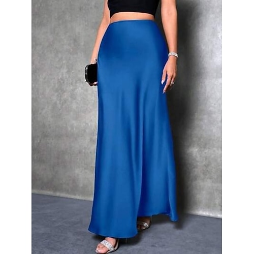  Femmes Jupe Moulant Élégant Mode Maxi Taille haute Jupes Uni Micro-Élastique Soirée Rue Vin Bleu Vert foncé Violet Printemps Satin Polyester