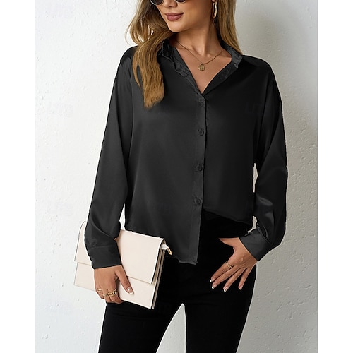  Per donna Camicia Camicia in raso Tinta unica Vintage Tropicale Elegante Manica Lunga Scollo a V Colletto a Camicia Top Regolari Quotidiano Uscire Bottoni Nero Cammello Marrone Grigio scuro Grigio