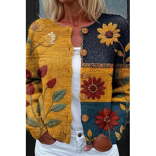  Dames Vest Dagelijks Bloemig Geribd Strakke ronde hals Knop Afdrukken Lange mouw Normale tops breien Buiten Weekend Zwart Geel Lente Herfst