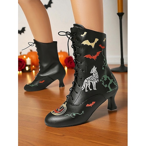  Dámské viktoriánské halloweenské šněrovací kotníkové boty – černé retro kožené botičky na podpatku s potiskem netopýrů, dýní a vlků na kostýmní párty a cosplay