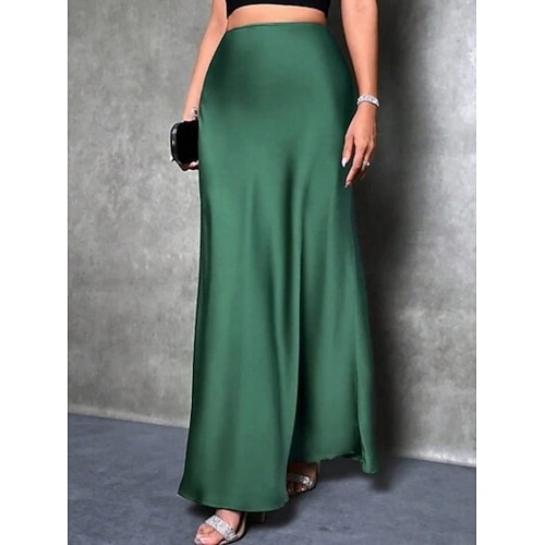  Femmes Jupe Moulant Élégant Mode Maxi Taille haute Jupes Uni Micro-Élastique Soirée Rue Vin Bleu Vert foncé Violet Printemps Satin Polyester
