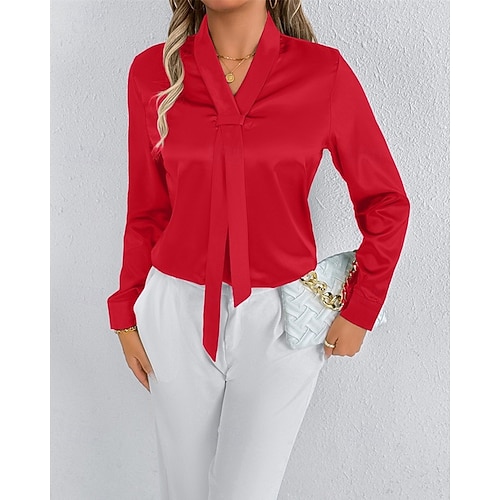  Femmes Chemise Chemise en satin Couleur Unie Élégant Occasionnel manche longue Col en V Hauts Réguliers Quotidien Sortir Nœud devant Rose Claire Rouge Printemps Automne