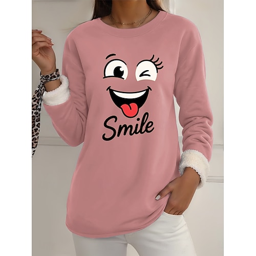  Pull-over pour femme, sweat-shirt graphique, chaud, décontracté, duveteux, manches longues, col rond, régulier, streetwear, décontracté, jaune, rose, rose foncé, bleu, gris, printemps, automne, hiver