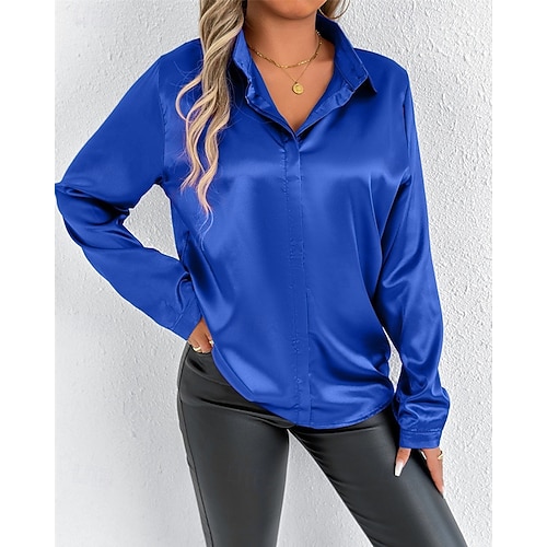  Per donna Camicia Camicia in raso Tinta unica Elegante Essenziale Casual Manica Lunga Colletto a Camicia Top Regolari Quotidiano Uscire Bottoni Rosso Blu marino Blu Reale Primavera Autunno
