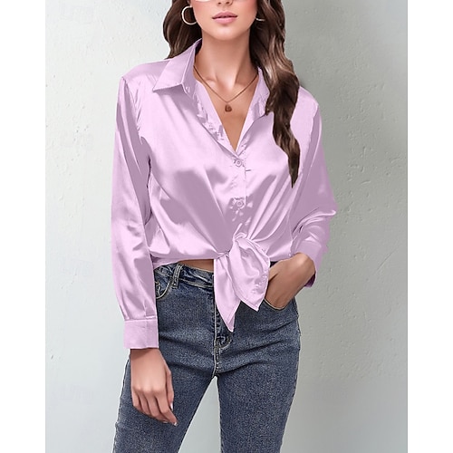  Per donna Camicia Camicia in raso Tinta unica Elegante Essenziale Casual Manica Lunga Colletto a Camicia Top Regolari Quotidiano Uscire Bottoni Bianco Giallo Blu Reale Viola Marrone Primavera Autunno