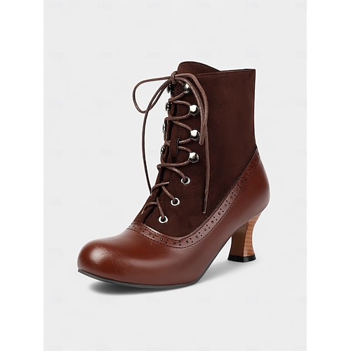  Botas femininas estilo vitoriano vintage, estilo anos 1920, com cadarço – botas de salto bicolores, marrom e verde-oliva, com detalhes em brogue para cosplay, steampunk e looks de outono