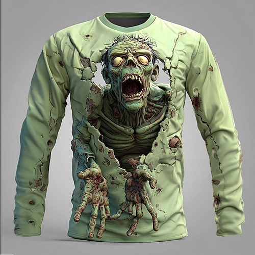  Halloween Herren Zombies 3D T Shirt Langarm T-Shirt 3D-Druck Rundhalsausschnitt Hemd Mode Übertrieben Straße Lässig Täglich Blau Purpur Grün Sommer Frühling Herbst Bekleidung S M L XL XXL XXXL